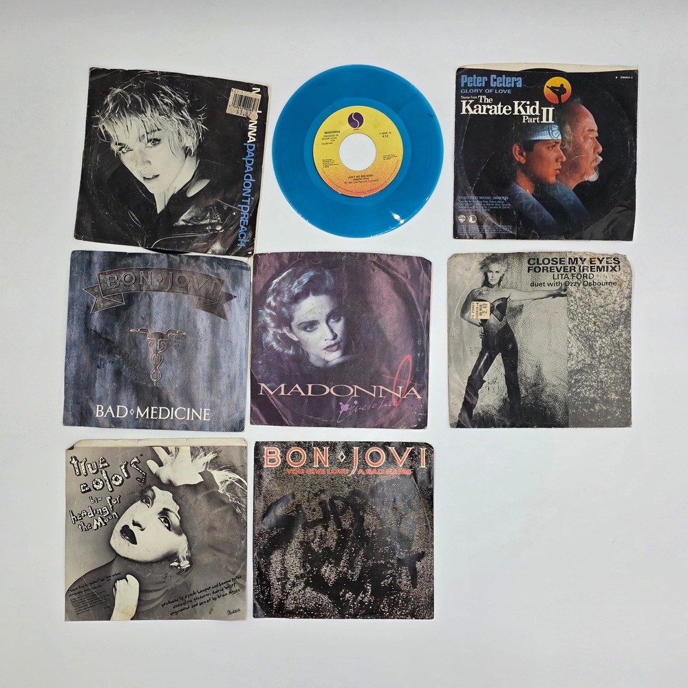 Vintage 80s Vinyl 45 RPM Lot Madonna Bon Jovi Cyndi Lauper Blue Vinyl 7-inch